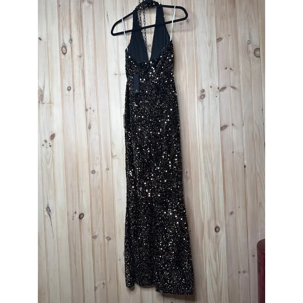 NWT Lulus Mesmerizing Diva Black Sequin Wide-Leg Halter Jumpsuit Party Size XS - Picture 6 of 9